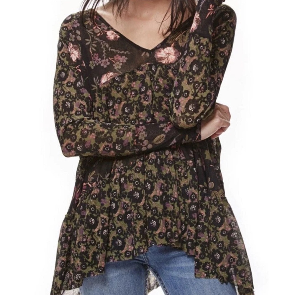 Free People Isabelle Tunic Top Long Sleeve V Neck XS Flowy Floral Babydoll